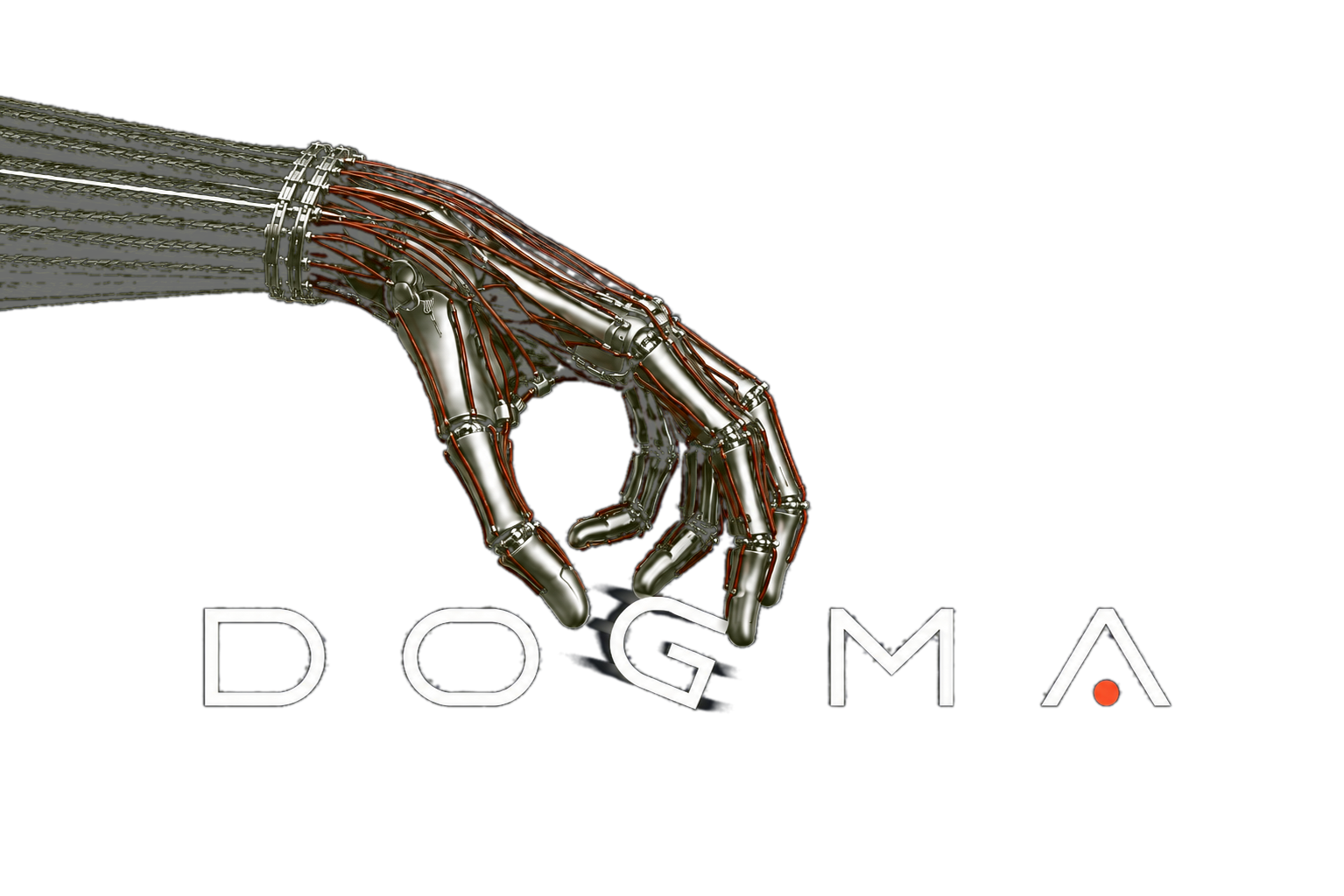 DOGMA — biomimetic robotic hand reaching over the DOGMA wordmark on a navy background
